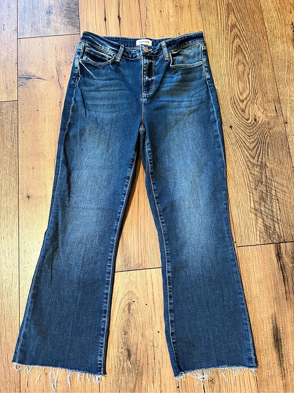 L'AGENCE Kendra High-Rise Cropped Flare Jeans Medium Wash Raw Hem Size 28